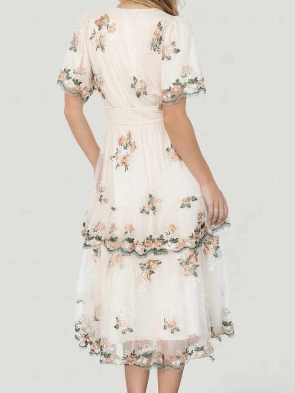 Shop Stevie Cream Floral Lace-Trim Midi Tulle Dress - Picture 2 of 9